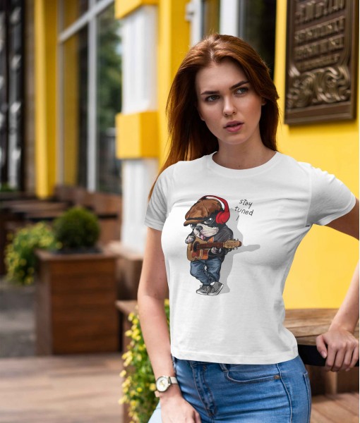 Дамска тениска с щампа Арт Cute fashion dog with classical guitar
